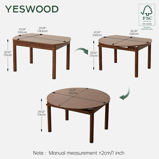 YESWOOD 47.24'' Extendable Round Dining Table for 4-8, 100% Solid Oak Expandable Kitchen Table with Removable Leaves, Modern Wood Space Saving Dinner Table for Dining Room, Living Room, Study