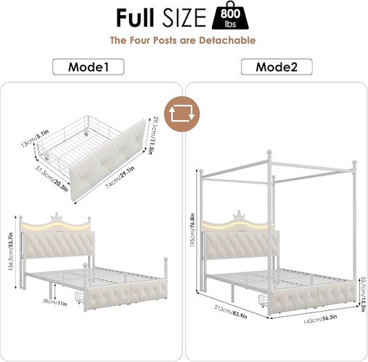 Keyluv Full Size Upholstered LED Canopy Bed Frame with Charging Station and Drawer, Button Tufted Crown Headboard with Storage Shelf, Two-Purpose Removable Four Poster Design Platform Bed, Beige