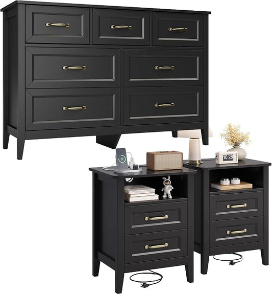 Gizoon 3PC Bedroom Furniture Set, 7 Chest of Drawers & 2 Nightstands with Charging Station, USB Type-C Outlet, Farmhouse Bedside Table Combo, Black Bedroom Set