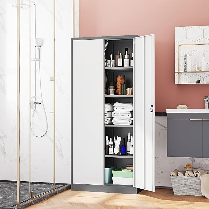 Fesbos Metal Storage Cabinet-72” Tall Steel File Cabinets with Lockable Doors and Adjustable Shelves-White&Gray Steel Storage Cabinet for Home Kitchen, Office, Garage