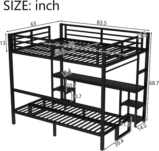 Bellemave Futon bunk Bed Twin XL Over Queen, Queen loft Bed with futon and Desk and Shelves, LED, USB, Black