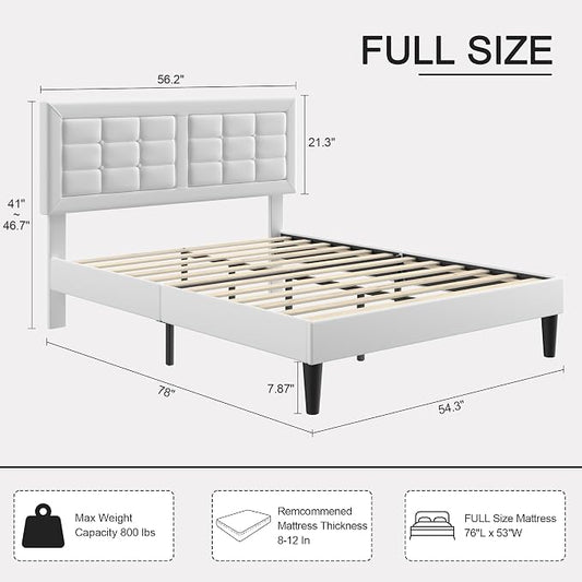 VECELO Full Size Bed Frame, Adjustable Upholstered Button Tufted Headboard, Heavy-Duty Bedframe with Wood Slats Support, No Box Spring Needed, Linen & White