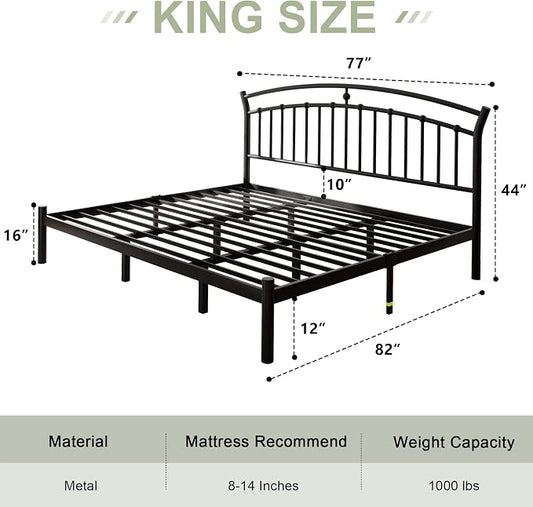 Feonase King Size Bed Frame with Headboard, Heavy-Duty Metal Black Bed Frame with 13 Hardened Steel Slats, 12" Under-Beds Storage, Noise-Free, Easy Assembly