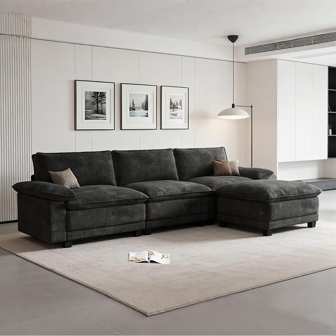 Modern L Shaped Sofa Couches for Living Room, Modular Sectional Cloud Couch with Movable Ottoman, Comfy Chenille Sofa for Apartment and Small Space, Black