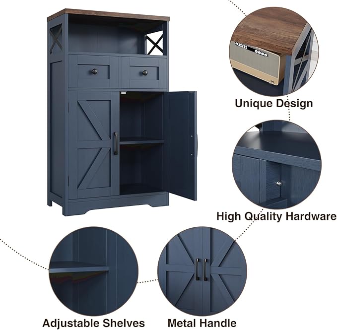 Befrases Farmhouse Blue Storage Cabinet with Barn Doors and Drawers, Small Freestanding Kitchen Pantry Cabinet, Hutch Cupboard for Kitchen, Laundry, Living Room,Bathroom