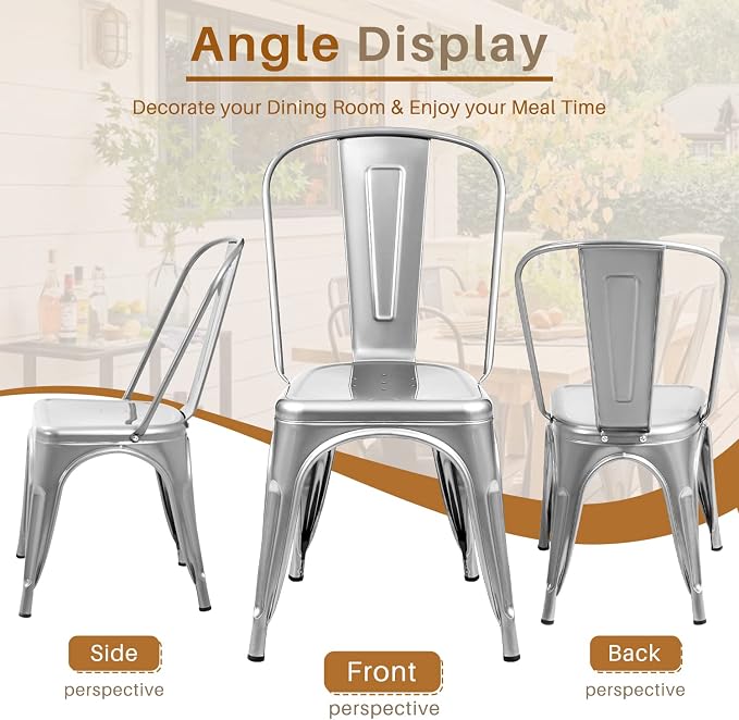 Furmax Metal Dining Chair Indoor Outdoor Use Stackable Classic Trattoria Chair Chic Dining Bistro Cafe Side Metal Chairs Set of 4 (Sliver)