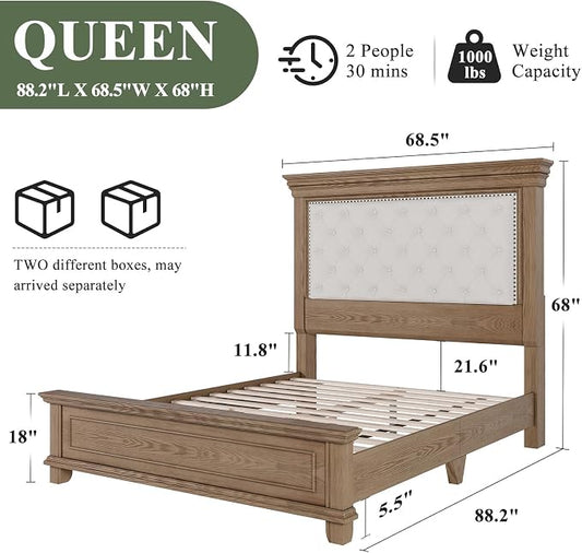 AMERLIFE Queen Size Solid Wood Bed Frame, Greige | Tufted Headboard, 68" Tall Bed and Headboard, Noise-Free, Easy Assemble, Solid Pine, Wooden Slats Support, Queen Size Bed