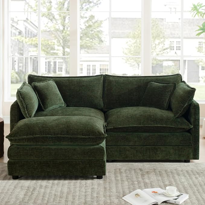 GNIXUU 76.7" Green L Shaped Cloud Couch, Modern Chenille Modular 2 Seater Loveseat Sofa with Movable Ottoman, Deep Seat Sectional Couch with Pillows for Small Place, Living Room Apartment Office