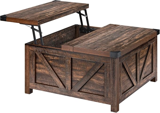 jimeimen Farmhouse Lift Top Coffee Table with Storage, Wood Square Center Table with Charging Station&USB Port, Living Room Table w/Large Hidden Space, for Living Room, Bedroom, Home Office, Brown