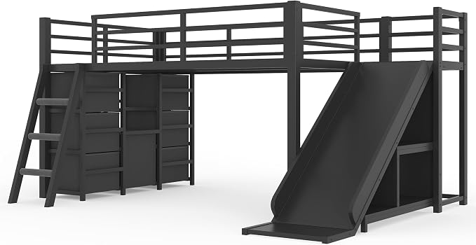 Bellemave Twin Size Loft Bed with 7 Non-Woven Fabric Drawers, Shelves and Wardrobe, Twin Loft Bed with Detachable Slide and Ladders, Low Profile Loft Beds with Lights, Noise Reduced Design Black