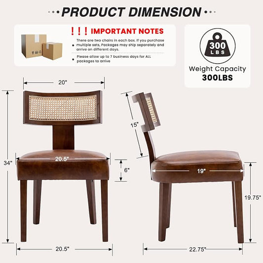 HNY Mid Century Modern Rattan Dining Chairs Set of 6, Farmhouse PU Leather Upholstered Accent Chair Curved Backrest Kitchen Chairs, with Hardwood Frame, Brown