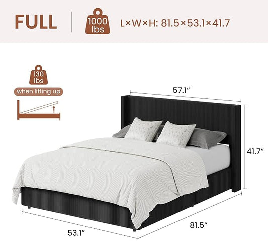 Garvee Full Lift Up Storage Bed Frame, Corduroy Upholstered Platform Bed with Gas Lift, Padded Headboard, Wooden Slat Support, No Box Spring Needed, Easy Assembly, Black
