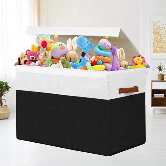 Gowee Large Toy Storage Box with Lid, Sturdy Toys Storage Chest Bin Organizer Basket with Dividers for Kids, Boys, Girls, Nursery, Closet, Bedroom, Playroom 25"x13" x16" (Black and White)