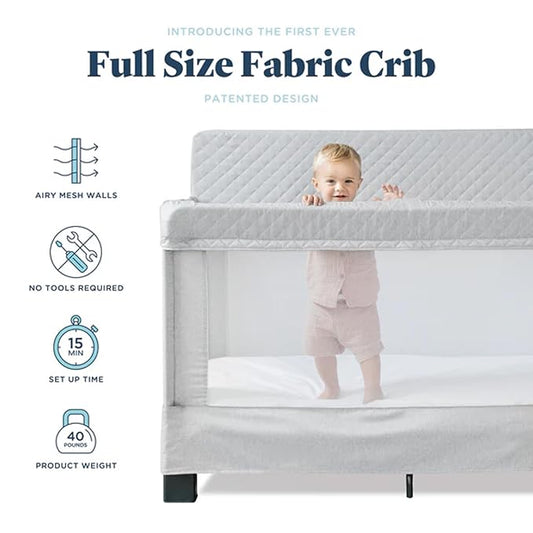 Baby Delight Horizon Full Size Crib, Breathable Mesh Walls, Tool-Free Assembly Baby Bed, Luxe Quilted Easy to Clean Fabric, Grey
