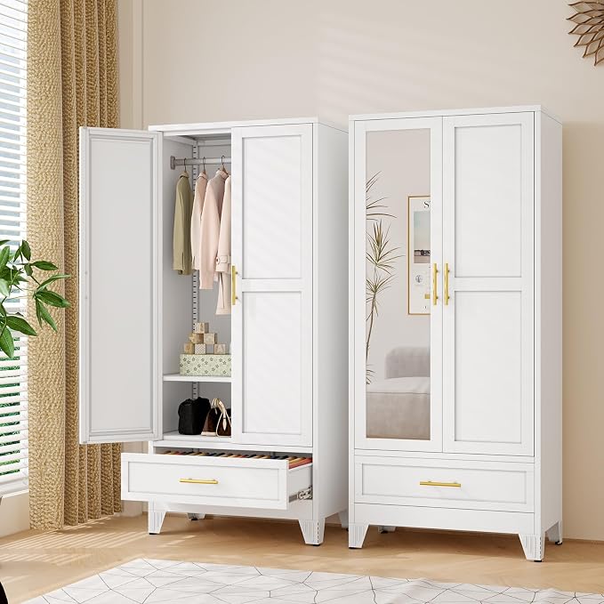 Metal Armoire Wardrobe Closet Storage Cabinet with Mirror White, 71'' Wardrobe Cabinet with Hanging Rod Metal Closet with Adjustable Shelf and Drawer for Bedroom, Laundry Room, Cloak Room