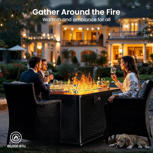 Ciays 43-Inch Rectangular Propane Fire Pit – 60,000 BTU Output, Premium Gas Fire Pit Table for Outside Patio, 304 Stainless Steel H-Burner, Glass Stones & Wind Guard, Black Finish