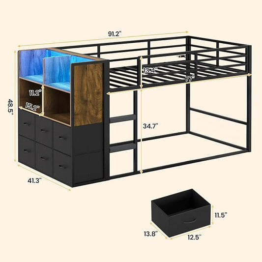 BTHFST Twin Over Twin Bunk Bed, Twin Bunk Beds with Storage & LED Lights, Metal Space Saving Low Bunk Bed with Safety Ladder and Guardrail