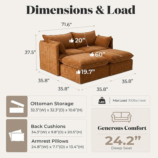 Cloud Modular Loveseat Lounge, Oversized Deep Seat, Luxe Chenille | Fully Removable Washable Covers, Memory Foam Seat Cushions, Storage Ottoman, Premium Fabric