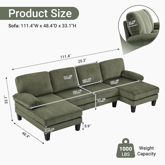 VINGLI 110" Sectional Couches for Living Room,U Shaped Couch with Double Chaise, 4-Seat Sofa Set with Corduroy Fabric for Home Furniture,Green