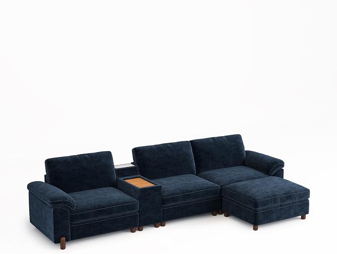 SITJOY Large Cloud Couch, 132" Wide 3 Seater Couch with Console, Navy Blue | Detachable and Washable Chenille Cover Sectional Sofas for Living Room, Deep Seat Wide Couch with Chaise, Storage Ottoman