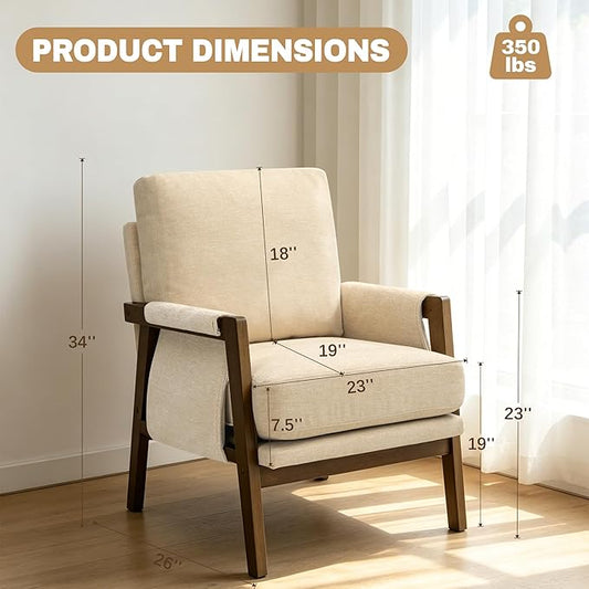 RNKSFX Beige Accent Chair for Bedroom & Living Room, Mid Century Modern Accent Arm Chair, Upholstered Anthropologie Accent Chair with Solid Wood Frame, Fabric