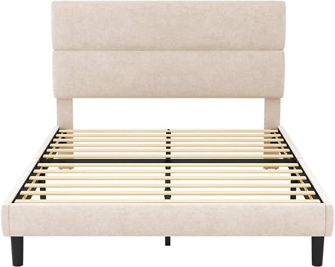 GRUSIGN Queen Size Platform Bed Frame with Velvet Headboard, Adjustable Height Wooden Slats Support, Upholstered Mattress Foundation, Fits Mattress or Mattress with Box Spring, Easy Assembly, Beige