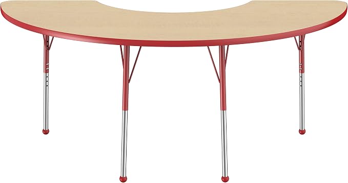FDP Half Moon Activity School and Office Table (36 x 72 inch), Standard Legs with Ball Glides for Collaborative Seating Environments, Adjustable Height 19-30 inches - Maple Top and Red Edge