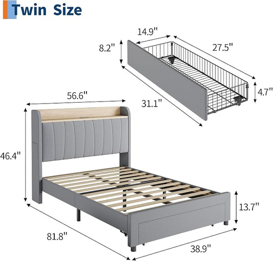 Garvee Queen Size Platform Bed Frame with Upholstered Storage Headboard, Built-in Charging Station, Metal Drawers, Wooden Slats, Sturdy and Noise-Free, Modern Bedroom Furniture - Twin, Light Gray