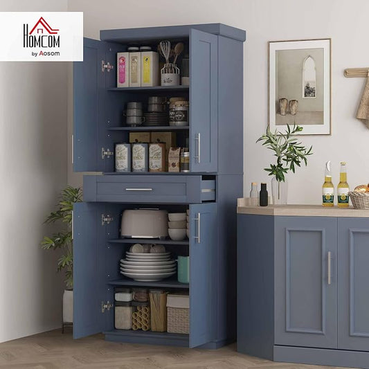 HOMCOM 72" Kitchen Pantry Cabinet, Freestanding Tall Storage Cabinet with 4 Doors, Drawer and 3 Adjustable Shelves for Dining Room, Navy Blue