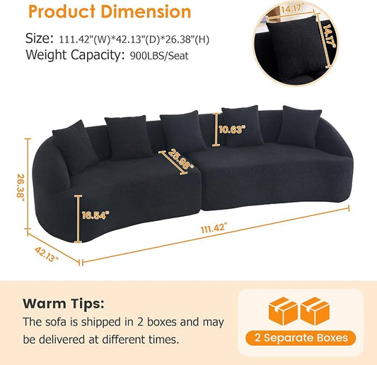 111" Boneless Sofa Couch 4 Seater, Modern Oversized Curved Couch, Luxury Wood Grain Chenille Fabric, Deep Seat Sectional Couches for Living Room (Black, 111")