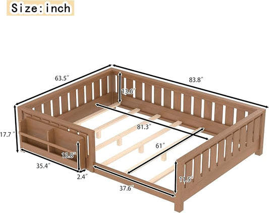 Bellemave Natural Montessori Floor Bed with Fence and Slats, Queen Size Montessori Floor Bed with Bookcase and High Rails, Easy Assemble Bed Frame for Girls, Boys, Queen