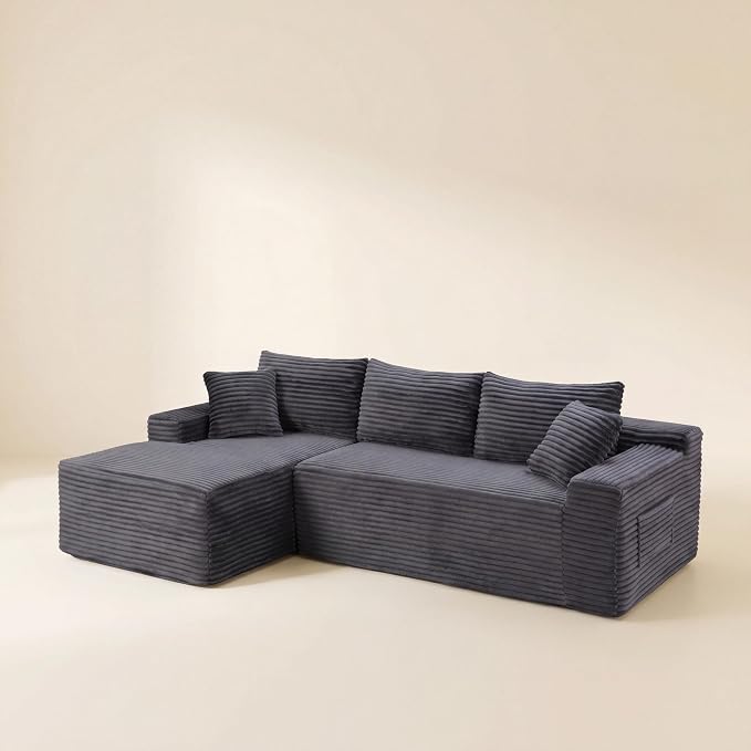 95" L-Shaped Cloud Sectional Couch, Left Facing Modular Compressed Boneless Sectional Sofa with Chaise Lounge, Plush Corduroy Boneless Corner Sofa for Living Room
