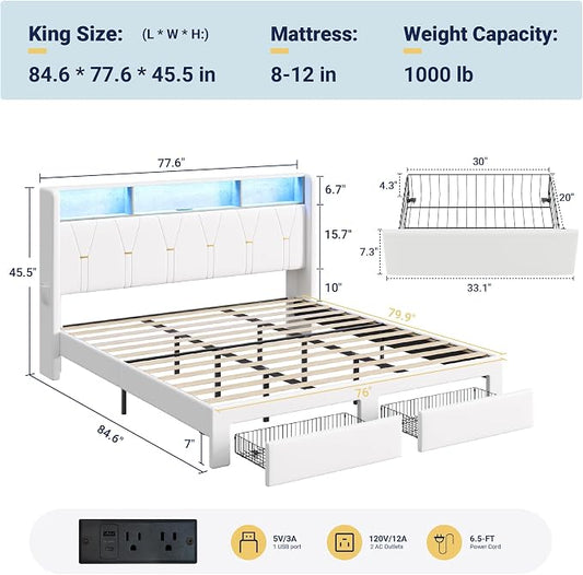 Allewie King Bed Frame with 2-Tier Storage Headboard, Charging Station & LED Lights, Velvet Upholstered Platform Bed with 2 Drawers, Wingback Headboard, Gold Button Tufted, No Box Spring Needed, White