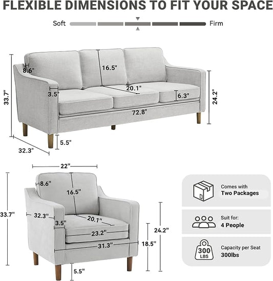 Kingfun Couch Sets for Living Room, 3 Seater Couch and Armchair, Mid Century Modern Sofa Set, Chenille Couch with Solid Wood Frame for Bedroom