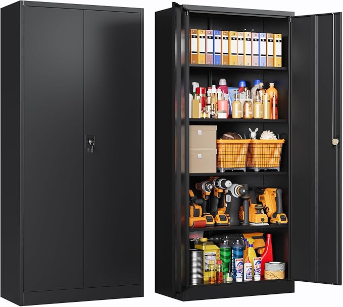 Metal Storage Cabinet with Locking Doors, Tall Cabinets for Home, Office, Warehouse Organizer (Black)