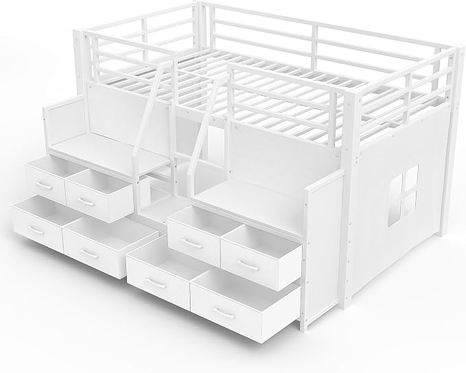 Bellemave Twin Size Low Loft Bed with 8 Fabric Storage Drawers for Kids,Metal Loft Bed Frame with Shelves and LED Lights for Boys Girls,Kids Loft Bed Twin Size,White