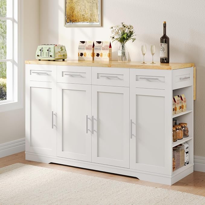 Dripex 53'' Rolling Kitchen Island with Power Outlet, Drop Leaf & Trash Can Storage, Large Island Cart on Wheels with Rubberwood Top, 4 Drawers, Open Shelves, for Kitchen, Dining Room (White)