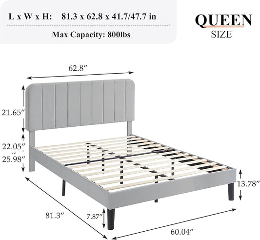 VECELO Queen Size Bed Frame with Upholstered Headboard, Velvet Platform Bedframe Mattress Foundation, Strong Wood Slat Support, No Box Spring Needed,Light Grey