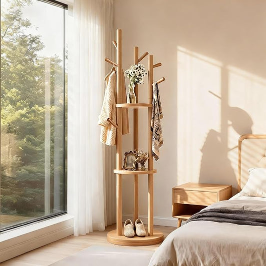 Solid Wood Rotary Coat Rack, Coat Rack Freestanding with 3 Storage Shelves & 9 hooks, Coat Tree for Entryway, Livingroom, Bedroom, Coat Hanger Stand for Coats, Scarves, Handbags, Hat (Natural)