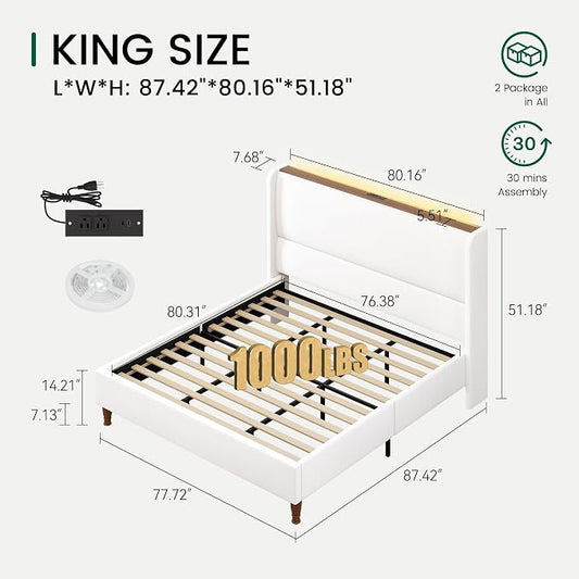 LARMACE King Size Bed Frame with LED Lights and Charging Station Linen Upholstered Platform Bed Frame with 51.2" Tall Wingback Headboard and Storage Shelf, No Box Spring Needed, Easy Assembly, Cream