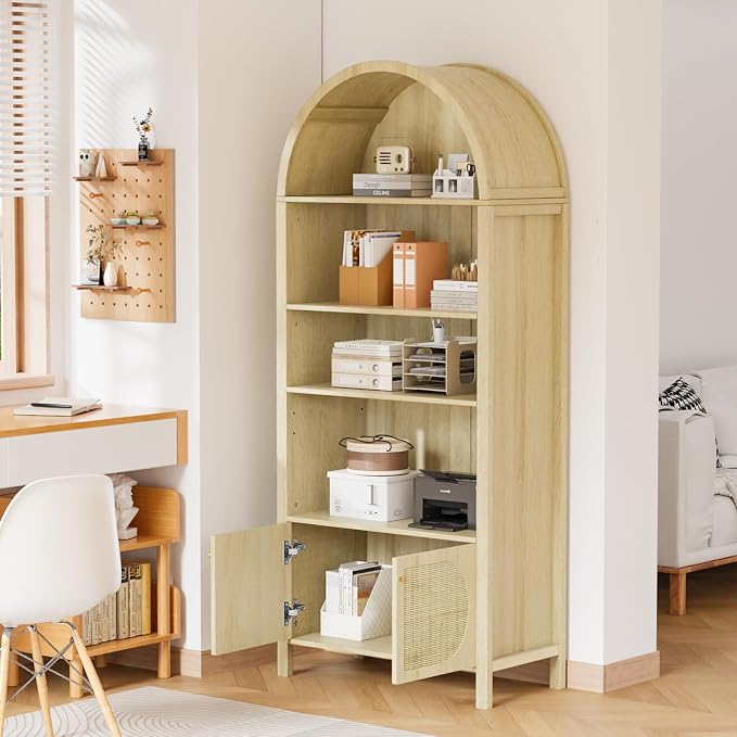 VINGLI 70" Arched Display Cabinet with 5 Shelves, Rattan Storage Cabinet 5 Tier Arched Bookshelf, Wood Tall Bookcases, Sturdy, Stylish for Living Room Bedroom Dining Room Office Study Room, Oak