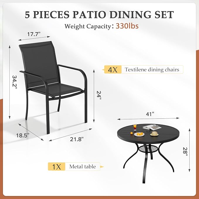 SUNCROWN 5 - Piece Outdoor Dining Set, Patio Furniture Set with 4 x Textilene Dinning Chairs and 41" Metal Round Table with Umbrella Hole for Lawn Garden Backyard Deck, Black