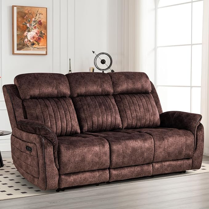 Power Reclining Sofa with Zero Gravity, Adjustable Headrest, Electric Reclining Couch with Wireless Charge, USB/Type-C Ports, Wall Hugger Couches for Living Room (Brown, 3 Seater Sofa)
