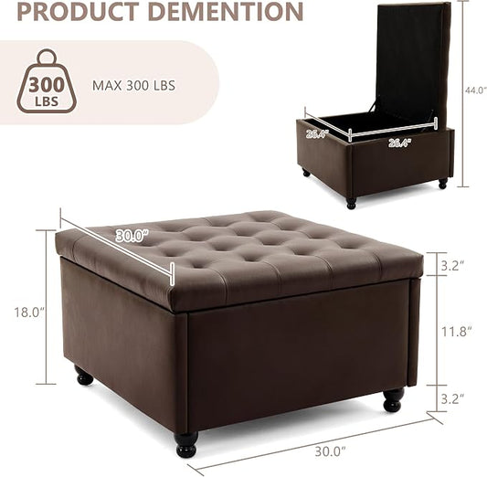 Weture 30 Inch Large Square Storage Ottoman Coffee Table, Oversized Square Ottoman with Storage, Tufted Upholstered Coffee Tables for Living Room (Leather, Brown)