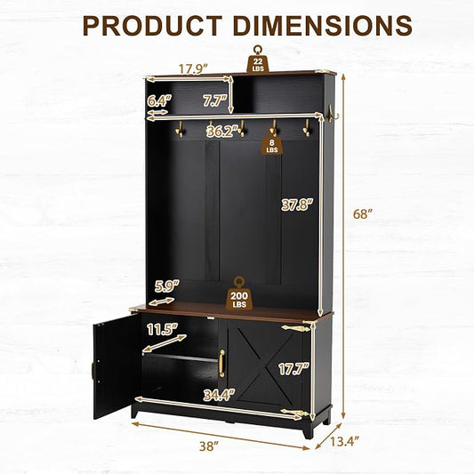 EROMMY 38" Farmhouse Hall Tree with Bench and Shoe Storage, Entryway Bench with Coat Rack, 2 Open Compartments, 7 Coat Hooks, Barn Door & Adjustable Shelf, Rustic Black and Brown