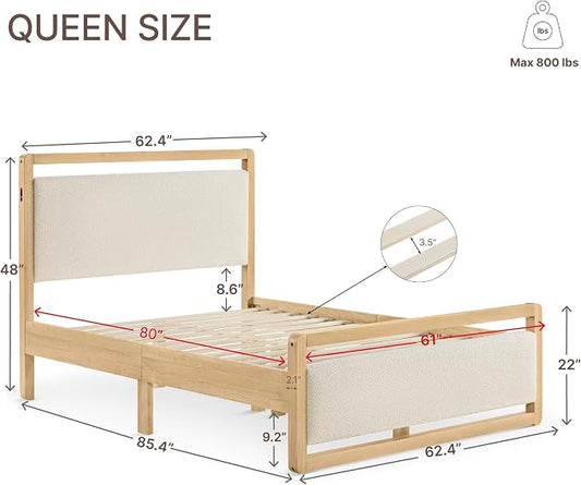 KISLOT Wood Bed Frame with Headboard and Footboard, Mattress Foundation with USB Charging Strong Wooden Slat Support Noise-Free Easy Assembly No Box Spring Needed
