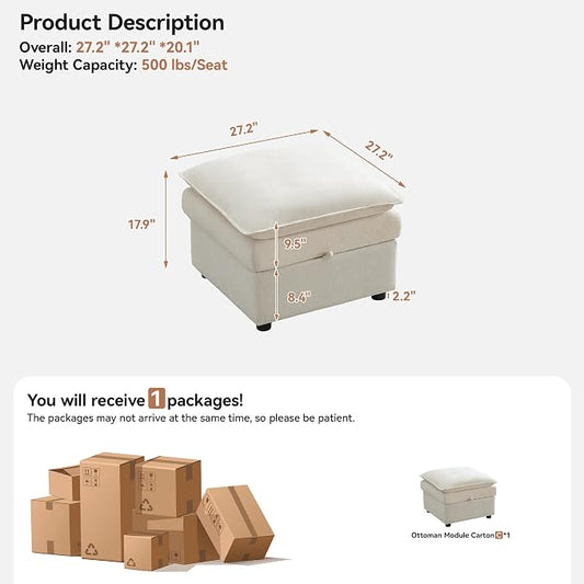 27" Large Square Ottoman with Storage, Modern Upholstered Footrest with Anti-Slip Legs for Couch Coffee Table Living Room, Bedroom, Entryway, Chenille Beige