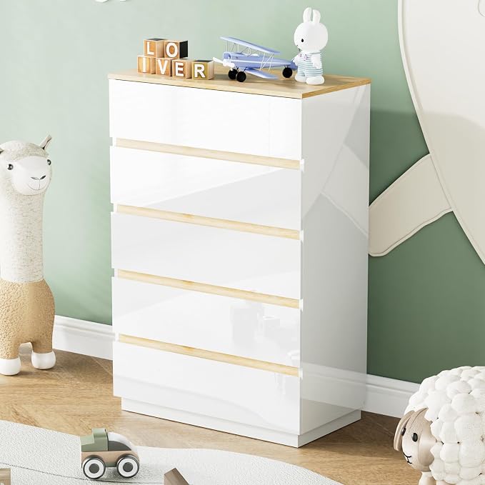 VINGLI 5 Drawer Dresser for Bedroom, 45" H Tall Dresser Chest of Drawers, High Gloss Wood Modern Storage Cabinet with Brown Top