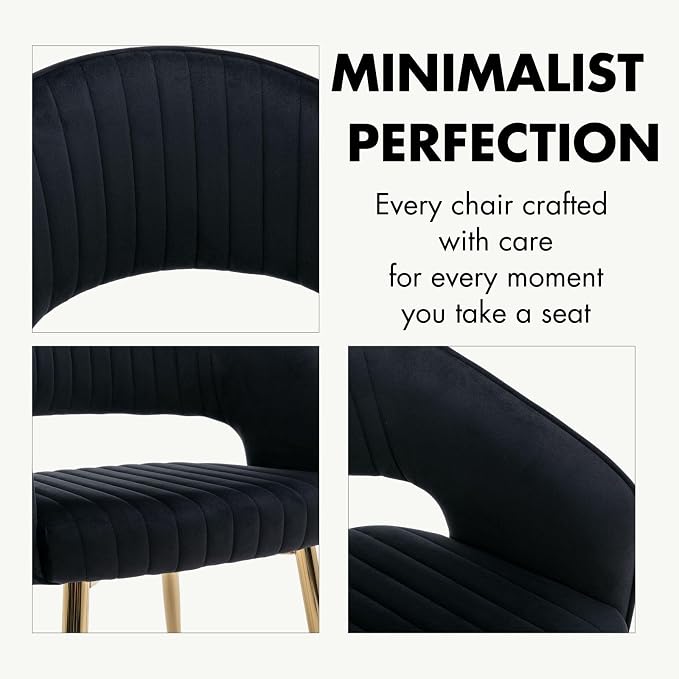 Hyfirm Set of 4 Black Velvet Dining Room Chairs, Modern Accent Chairs with Gold Legs & Hollow Back, Upholstered Kitchen Chair for Living Room/Reception/Restaurant