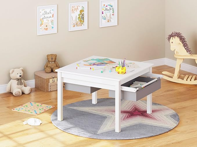 UTEX 2 in 1 Kids Construction Play Table with Storage (White) | with Storage Drawers and Built in Plate